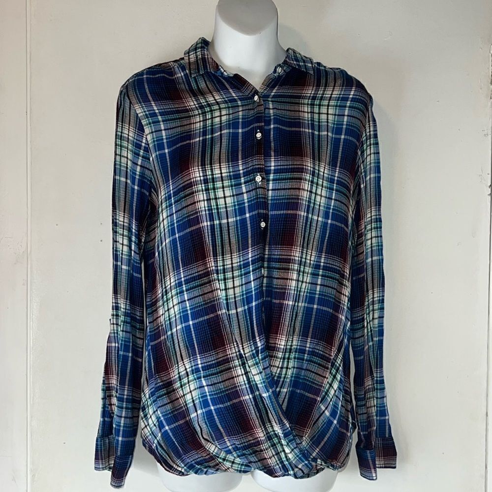 C EST 1946 Plaid Button Down Roll Sleeve Twist Front Blouse-S